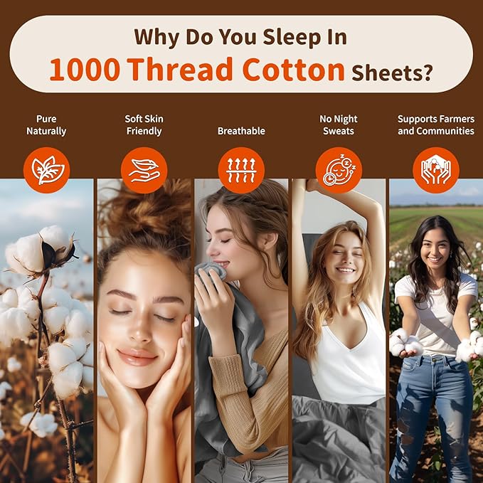 LBRO2M 100% Cotton Sheets Set Deep Pocket 24", 1000 Thread Count King Size 4 Piece Bed Sheet Sets Soft Comfortable Bedding All Season (King, Dark Gray)