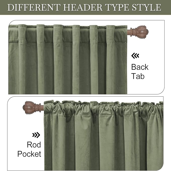RYB Home Plush Velvet Curtains, Heavy Duty Back Tab Decorative Window Drapes Privacy Room Darkening Covering for Living Room Playroom, Sage Green, W52 x L108 inches, Set of 2 Panels