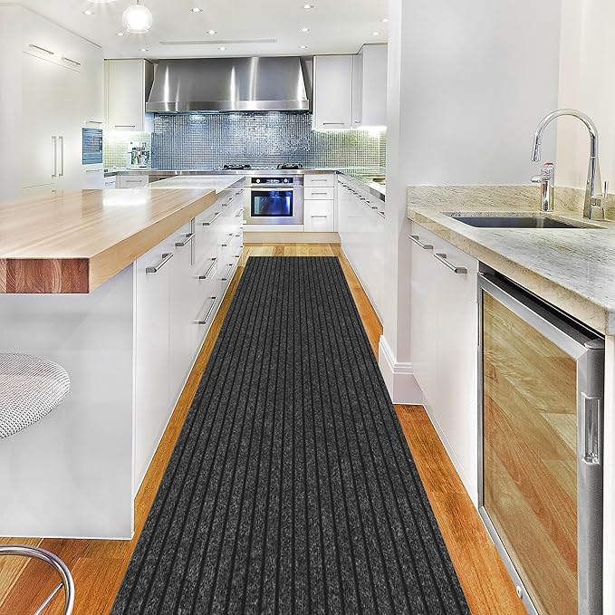 Ottomanson 2' x 37' Hallway Runner with Scraper Pile Extra Durable Non-Slip Rug Mat for Indoor & Outdoor Use - Ideal for Kitchen, Entryway, Patio & Garage - High-Traffic Carpet, Black