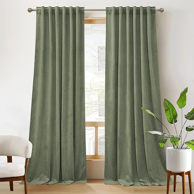 RYB HOME Plush Velvet Curtains, Heavy Duty Back Tab Decorative Window Drapes Privacy Room Darkening Covering for Living Room Playroom, Sage Green, W52 x L120 inches, Set of 2 Panels