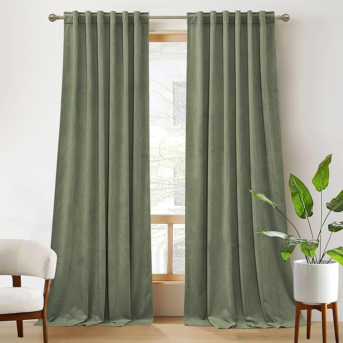 RYB Home Plush Velvet Curtains, Heavy Duty Back Tab Decorative Window Drapes Privacy Room Darkening Covering for Living Room Playroom, Sage Green, W52 x L84 inches, Set of 2 Panels