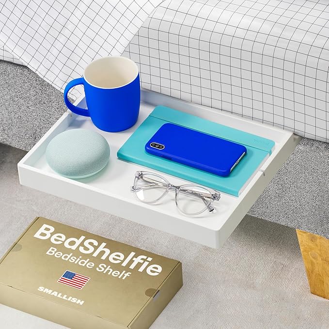 BedShelfie Bedside Shelf for Dorm Room Bunk Bed & Top Bunk, College Dorm Room Essentials, Bedside Caddy, Clip on Floating Desk Tray, Bed Side Table Storage, Loft Nightstand Decor- White Wood Slide