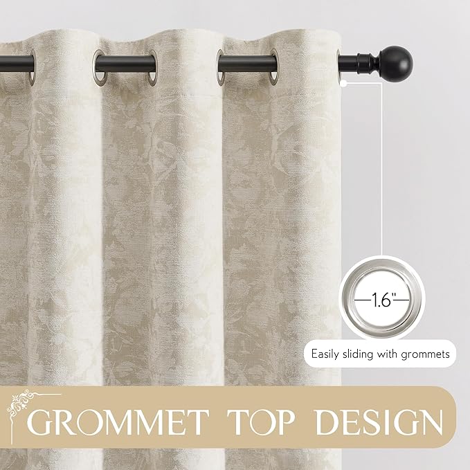Beauoop Beige Floral Jacquard Blackout Curtains 120 Inches Long 2 Panels for Bedroom Living Room Taupe Flower Chenille Room Darkening Thermal Soundproof Grommet Window Treatments Drapes 52x120