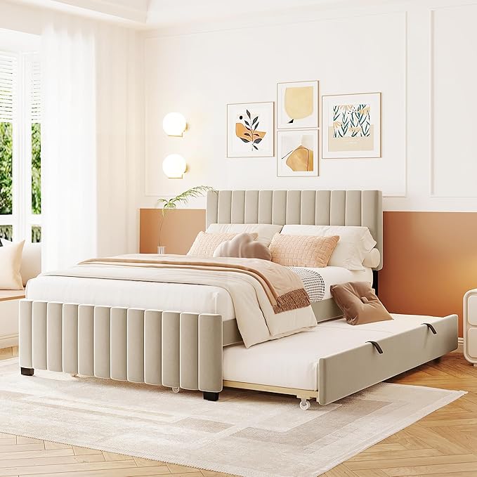 Full Bed Frame with Trundle Bed,Velvet Upholstered Platform Bed Frame,Full Size Trundle Bed with Headboard for Kids Teens Adults(Beige)