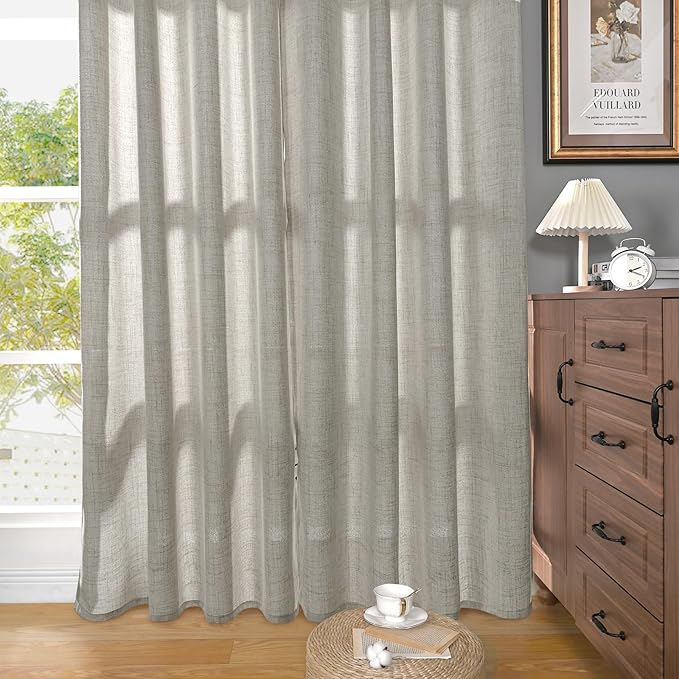 YoungsTex Dark Grey Linen Curtains 84 Inch Length 2 Panels, Light Filtering Semi Sheer Window Treatments with Bronze Grommet Privacy Textured Drapes for Living Room Bedroom Dining, 52 X 84 Inch