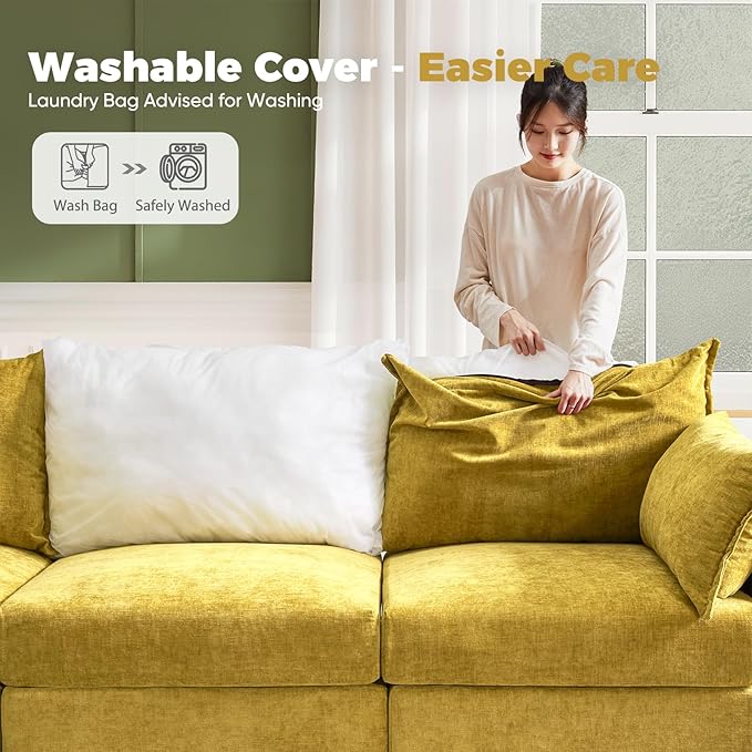 ABCASA Luxury Modular Sectional Sofa, L-Shaped 3-Seat Couch with Storage Ottoman Deep Seat & Reversible Chaise Lounge Chenille Yellow for Compact Spaces, Apartments, Dorm
