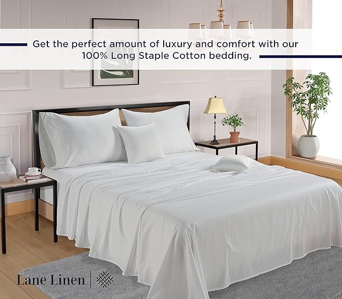 LANE LINEN King Size Sheets Set – 600 Thread Count Long-Staple 100% Cotton Sheets, Naturally Cool & Durable for Everyday Use, 15" Deep Pocket Fitted Sheet with All-Around Elastic for Snug Fit – White