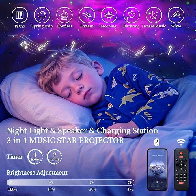 Full LED Bed Frame with 2 Storage Drawers, PU Upholstered Platform Beds with Galaxy Star Projector Charging Station Speaker, Aurora Bedframe with 2-Tier Storage Headboard, Noise-Free, White
