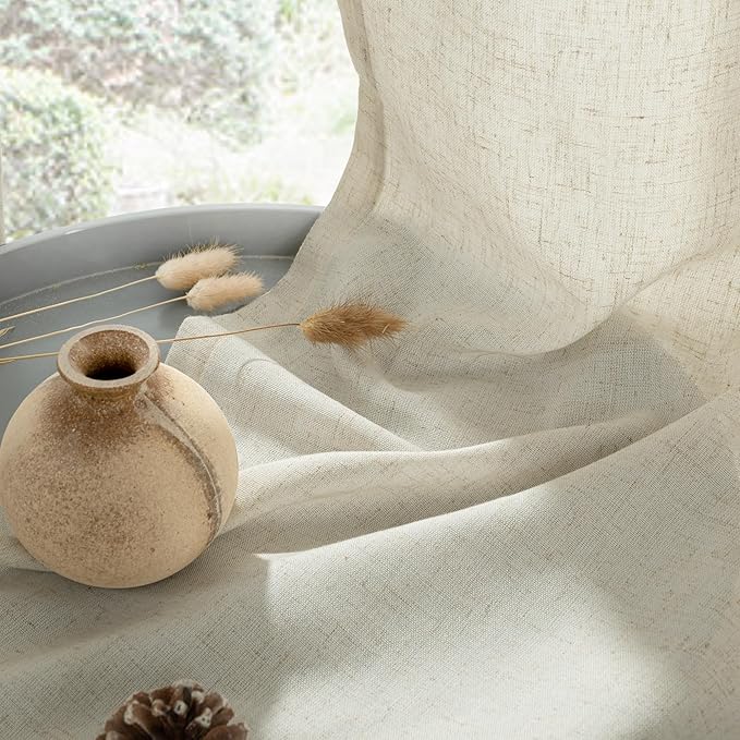 YoungsTex Beige Linen Curtains 45 Inch Length for Short Kitchen Window, Light Filtering Semi Sheer Drapes with Grommet Rustic for Cafe Bathroom Bedroom, 2 Panels, 52 X 45 Inch