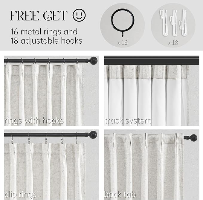 Topfinel 90 Inches Long Full Blackout Linen Curtains for Bedroom, Pinch Pleated Sound Block Curtains, Oatmeal Decorative Elegant Farmhouse Lined Drapes 2 Panels Set for Living Room Sliding Door