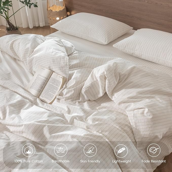 MooMee Striped Duvet Cover Set 100% Washed Cotton Linen Like Textured Breathable Durable Soft Comfy (White Almond Milk Grey Wide Stripes, Super King 108"x98")