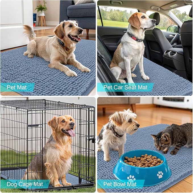 OLANLY Dog Door Mat for Muddy Paws 32x20, Absorbs Moisture and Dirt, Absorbent Non-Slip Washable Doormat, Quick Dry Chenille Mud Mat for Dogs, Entry Indoor Entryway Carpet for Inside Floor, Airy Blue
