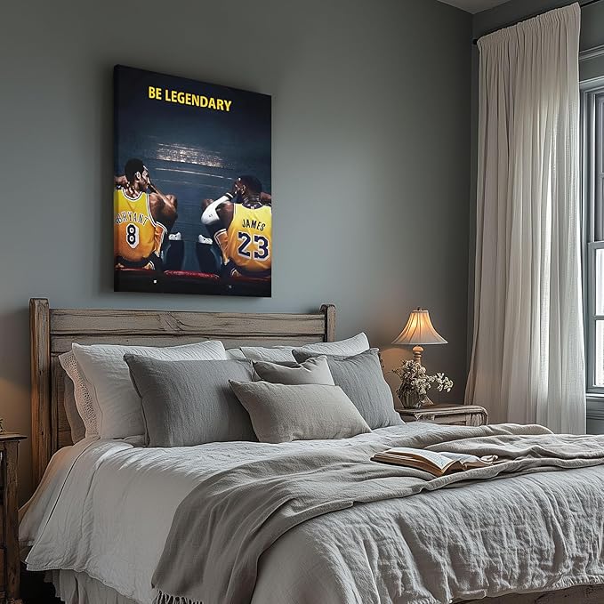 Kobe Bryant and LeBron James Canvas Wall Art Print Poster, Be Legendary Inspirational Sports Picture Artwork, Motivational Mamba Mentality Wall Decor for Home Office Gym Living Room, Framed 11x14inch