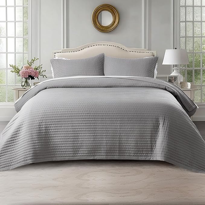 Kasentex KWX1804-GY Quilt Mini Set-Stone Washed-Super Soft Bedspread-Light Weight-White Down Alternative Microfiber Fill-Machine Washable-Solid Colors, Twin + 2 Shams, Grey