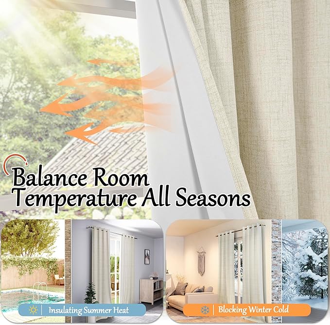 Linen Blackout Curtains for Bedroom Narrow Window, Thermal Insulated Complete Light Blocking Privacy Soundproof Small Curtains for Basement, Each 38 Inch Wide 63 Inch Length 2 Panels, Natural