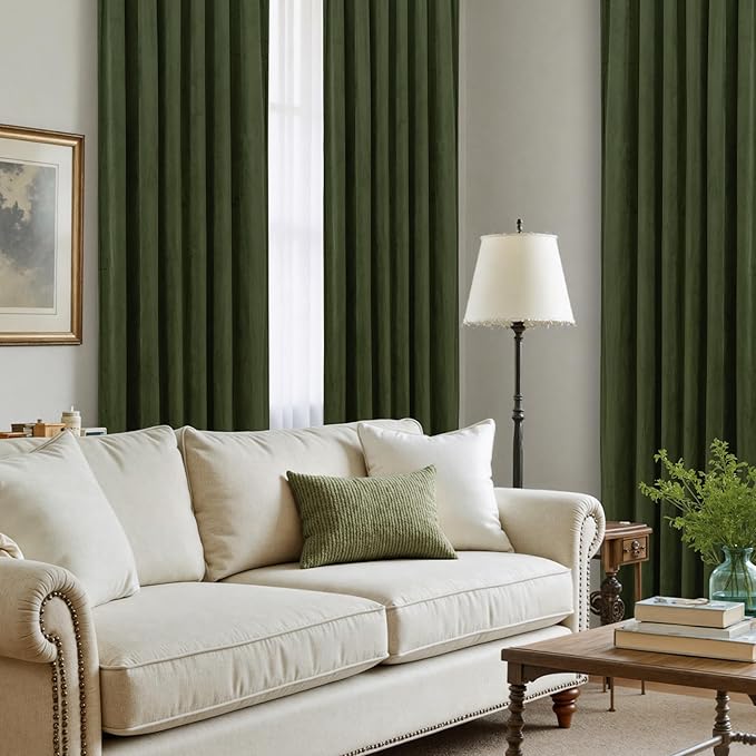 LAMIT Olive Green Velvet Curtains 108 Inch Length for Living Room, Thermal Insulated Blackout Curtains Luxury Room Darkening Back Tab and Rod Pocket Window Drapes for Bedroom, 2 Panels, 52 x 108 Inch