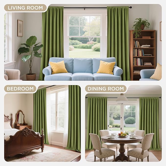 Joydeco Moss Green 100% Blackout Curtains 120 Inch 2 Panels, Luxury Thermal Green Velvet Curtains for Bedroom Living Room, Soundproof Blackout Window Drapes, Rod Pocket & Back Tab (52W x 120L)