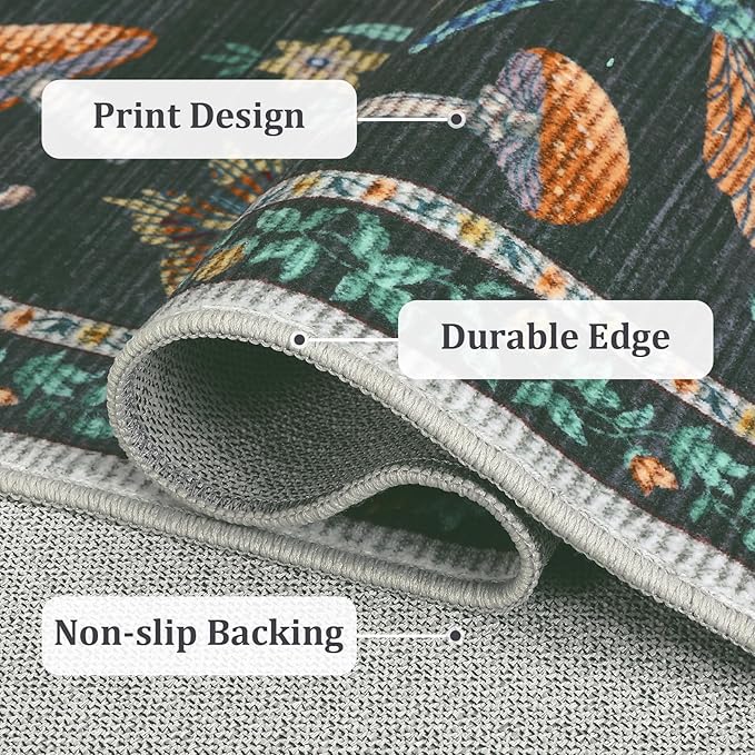 Mushroom Insect 6ft Round Rug Washable Non-Slip Soft Ultra-Thin Boho Circle Carpet for Living Room Bedroom Kitchen Nursery Dining Room Black