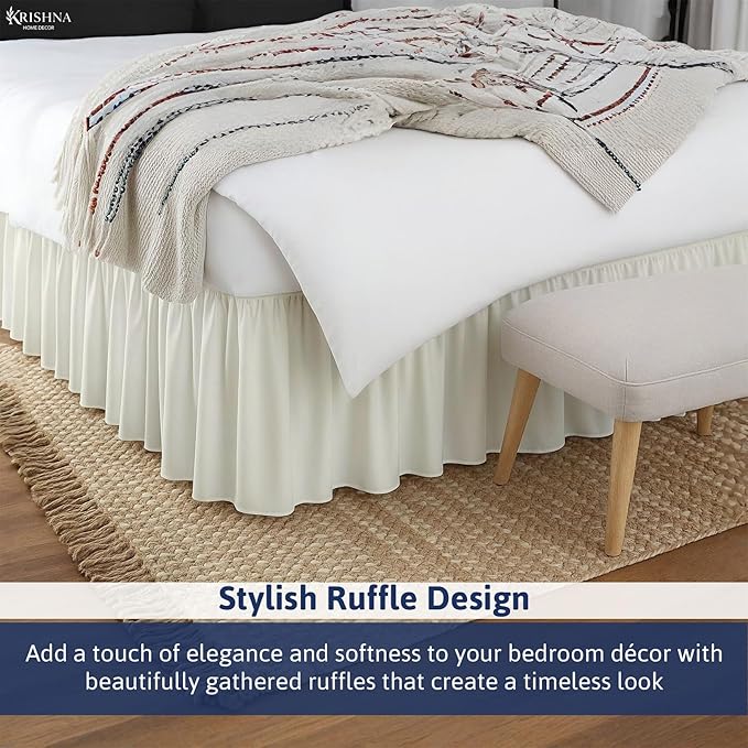 KRISHNA Ruffled Bed Skirt with Split Corners Twin, 100% Microfiber Hotel Quality, 18 Inch Drop Dust Ruffle Gathered Bedskirt with Platform, 39" x 75", Ivory