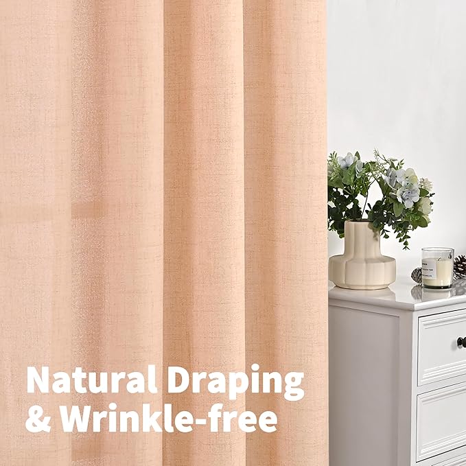 YoungsTex Peach Linen Curtains 95 Inch Length for Living Room, Coral Semi Sheer Drapes Extre Long Light Filtering with Bronze Grommet for Bedroom Dining, 52 x 95 Inch, 2 Panels