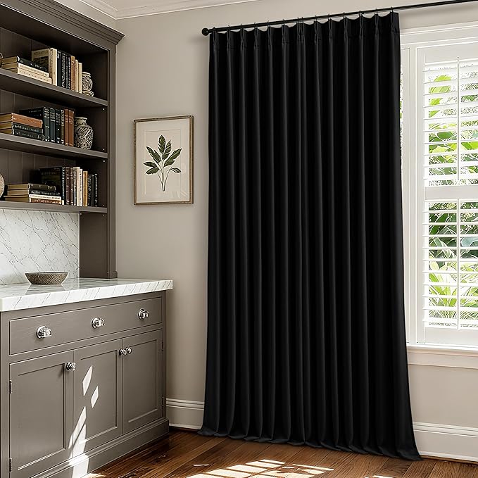 Black Pinch Pleated Blackout Linen Curtains 86 Inches Long for Bedroom Pleated 100% Black Out Drape with Liner Modern Farmhouse Midnight Extra Long 86 Inch Window Curtain Panel for Living Dining Room