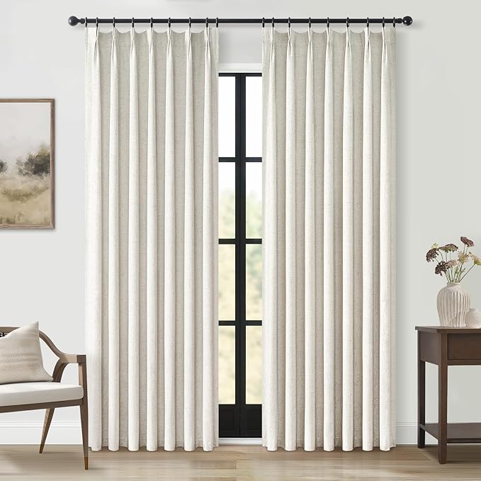 Topfinel Pinch Pleat Full Blackout Curtains & Drapes 84 Inch Length 2 Panels Set, Flax Linen Room Darkening Soundproof Curtains with Hooks Rings for Bedroom Living Room Track System, Beige Ivory Cream