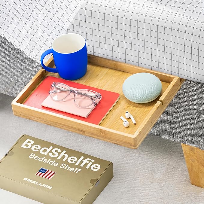 BedShelfie Bedside Shelf for Bunk Bed & Top Bunk, College Dorm Room & Loft Nightstand, Floating Bed Side Table Tray Storage - Natural Wood Slide
