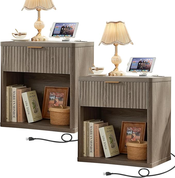 LEYAOYAO Fluted Farmhouse Nightstand Set of 2 with Charging Station, 23" Wide 1 Drawers End Table,Grey Dresser for Bedroom,Bed Side Table Chest of Drawers Cabinet,Wood Night Stand for Living Room