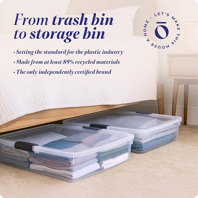 HOMZ 2-Pack Under Bed Storage, Clear Plastic Containers with Lids, 56 Quart, Gray Latch - Stackable Underbed Organizer Bins for Shoes, Bags, Clothes, and Towels