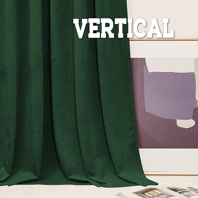 RYB HOME Dark Green Velvet Curtains 102 inches, Back Tab Soft Fabric Room Darkening Thermal Insulated Luxurious Home Decor Curtains for Living Room Bedroom, W 52" x L 102", 2 Panels Set