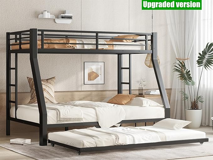 TSAMPA Latest Upgraded & Stronger Metal Bunk Bed Twin Over Full Size, More Stable & Safer Steel Heavy Duty Bunkbed Frame with Twin Size Trundle (Twin Over Full)