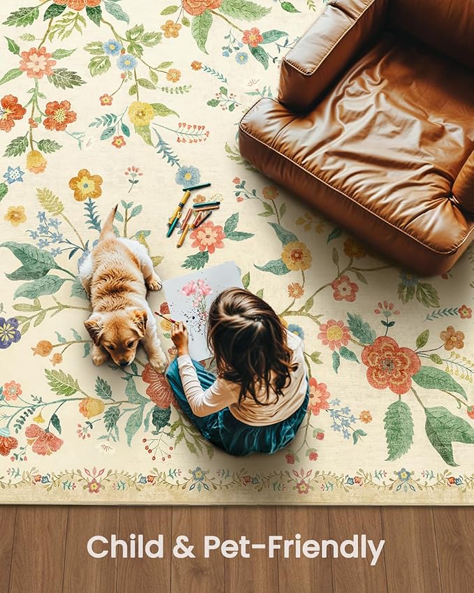 Amada 8x10 Area Rugs, Non-Slip & Low-Profile Large Area Rug with Reinforced Edge Binding, Washable Soft Boho Floral Rugs for Living Room, Bedroom, Dining Room
