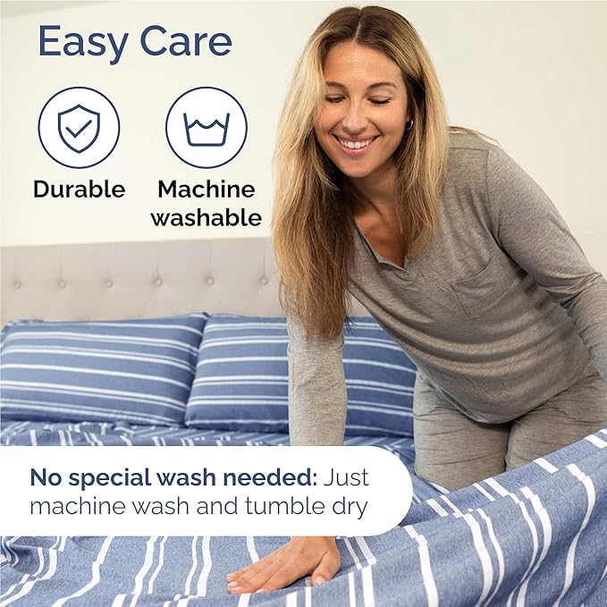 Full 6 Piece Sheet Set - Cooling, Comfy & Breathable - Hotel Luxury Bedding, Includes Fitted Sheet for Women, Men, Kids & Teens - 1 Flat, 1 Fitted Sheet, 4 Pillowcases w/Deep Pockets - Blue Stripes