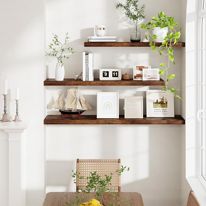 40 Inch Floating Shelves for Wall, 9.3 Inch Deep Shelves for Books & Decor, Wall-Mounted Floating Shelf 40 Inch Long Set of 2, Rustic Wooden Shelf for Living Room, Bedroom, Kitchen, Rustic Brown