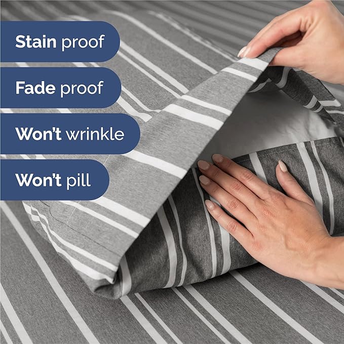 Split King 7 Piece Sheet Set - Cooling & Breathable - Hotel Luxury Bedding Includes Fitted Sheets for Women, Men, Kids & Teens - 1 Flat, 2 Fitted Sheets, 4 Pillowcases w/Deep Pockets - Grey Stripes