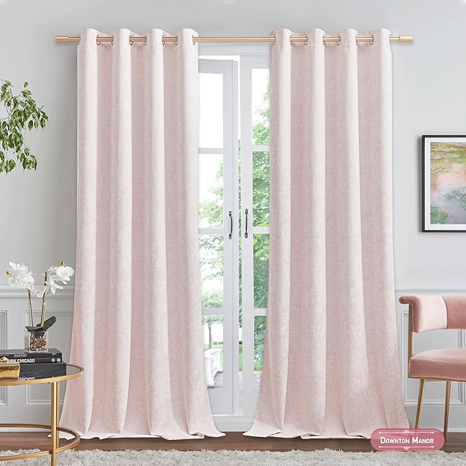 Beauoop Pink Floral Jacquard Blackout Curtains 120 Inches Long 2 Panels for Bedroom Living Room Chenille Flower Room Darkening Thermal Soundproof Grommet Window Treatments Drapes, 52x120