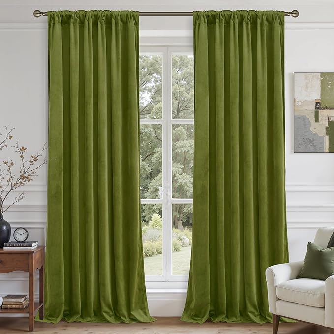 LAMIT Moss Green Velvet Blackout Curtains 84 Inch, Vintage Thermal Insulated Room Darkening Drapes for Living Room Back Tab and Rod Pocket Privacy Window Panels for Bedroom, 2 Panels, 52 x 84 Inch