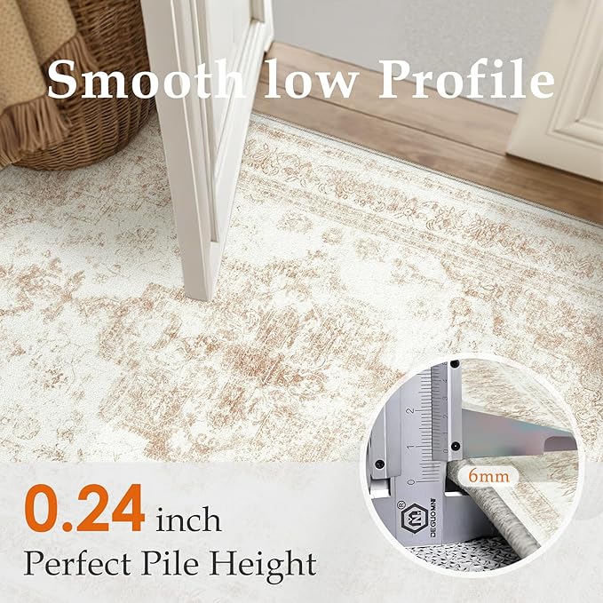 Area Rug 4x6 Cream Washable Office Entryway Vintage Medallion Beige Carpet Non Slip Retro Indoor Mat Low Pile Soft Distressed Small Rug for Bedroom Kitchen Laundry Dining Room