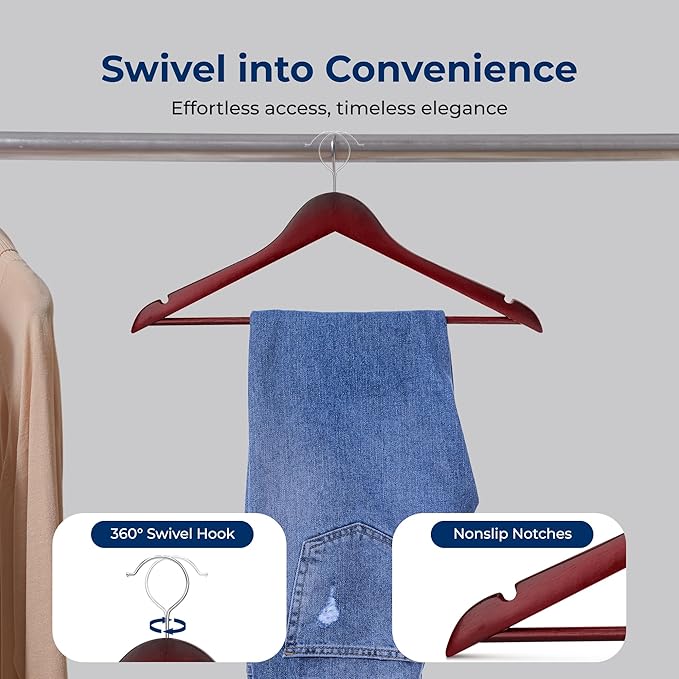 SereneLife 50-Pack Wooden Coat Hangers – Durable Suit Hangers with 360° Swivel Hook & Notches – Slim Design for Shirts, Jackets, Dresses, and More (Cherry)