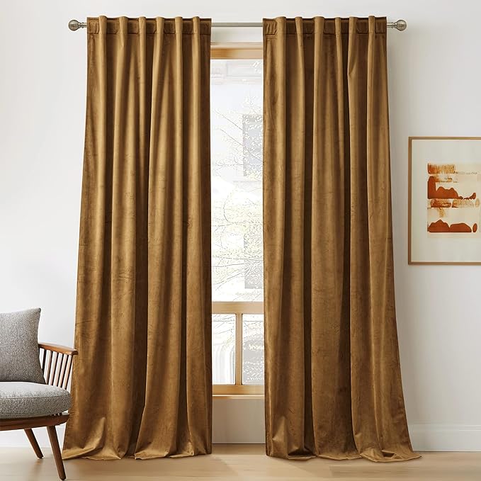RYB HOME Velvet Curtains 120 inches, Soft Durable Drapes Room Darkening Privacy Window Treatment Farmhouse Decor for Living Room Sliding Glass Door, Golden Brown, W52 x L120 inches, Set of 2