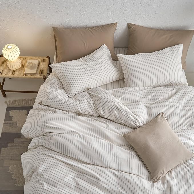 MooMee Striped Duvet Cover Set 100% Washed Cotton Linen Like Textured Breathable Durable Soft Comfy (White Tannish Linen Grey Wide Stripes, Full 80"x90")