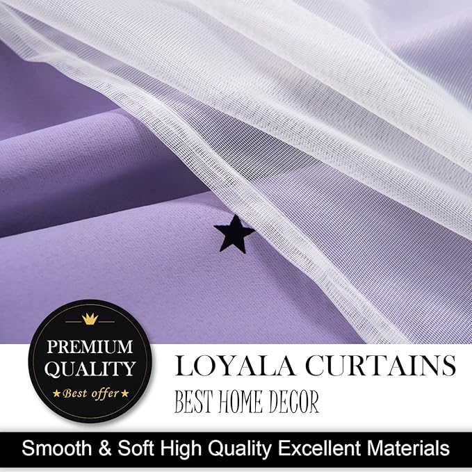 Star Double Layer Blackout Curtains for Bedroom, Kids - Cute, 96 Inch Long, 2 Panels Set, Purple, 42 x 96 Inch