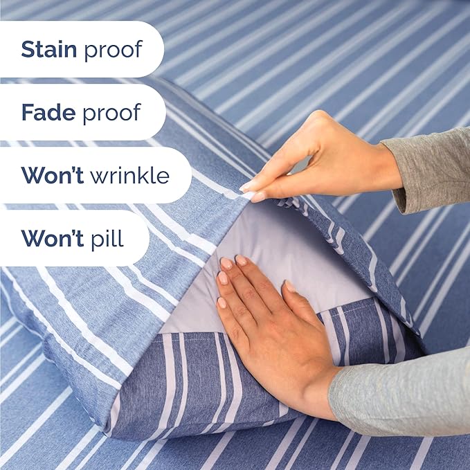 Twin 4 Piece Sheet Set - Cooling, Comfy & Breathable - Hotel Luxury Bedding, Includes Fitted Sheet for Women, Men, Kids & Teens - 1 Flat, 1 Fitted Sheet, 2 Pillowcases w/Deep Pockets - Blue Stripes