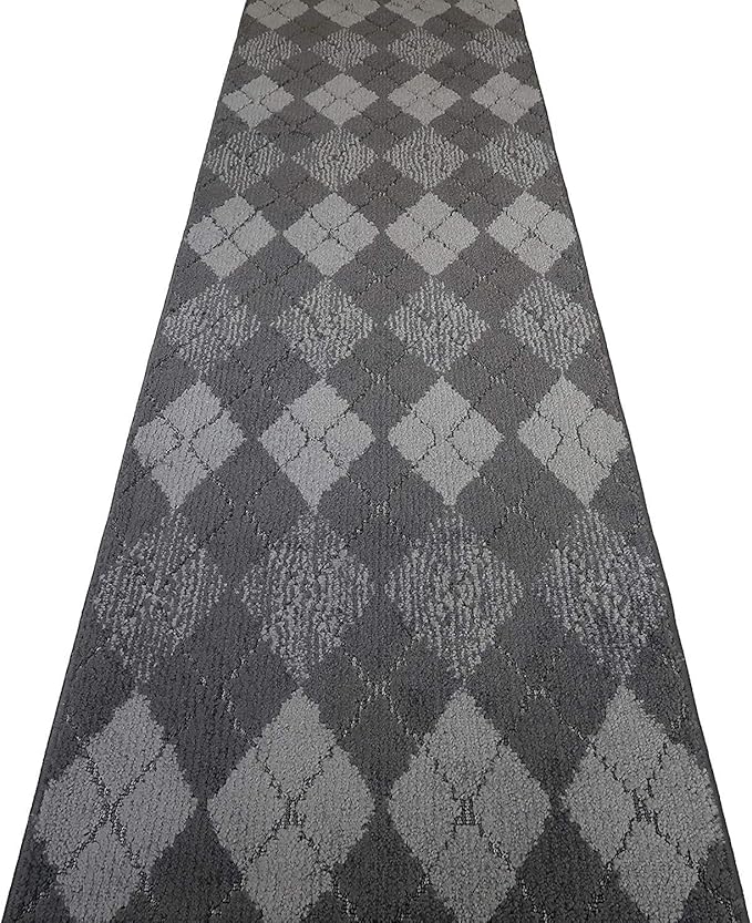 Custom Length Hallway Runner Rug,Slip Resistant,Squares Anthracite, 26 Inch X 6 feet, Sold and Priced Per Foot