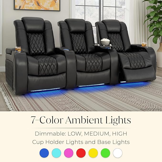 Seatcraft Diamante Zero-Gravity CoolZero Italian Leather Home Theater Seating, Power Headrest, Power Recline, Row of 5 Middle Sofa, Black