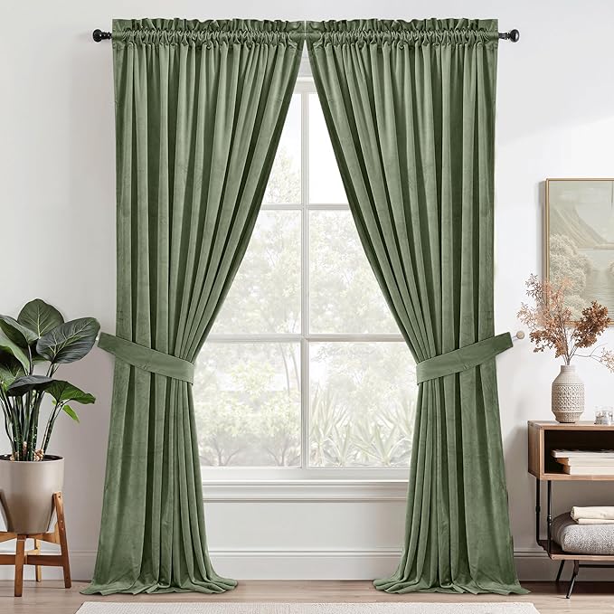 StangH Sage Green Velvet Curtains 90 inches Long, Living Room Thermal Insulated Sliding Door Curtains Elegant Home Decor for Nursery Bedroom Office, W52 x L90, 2 Panels