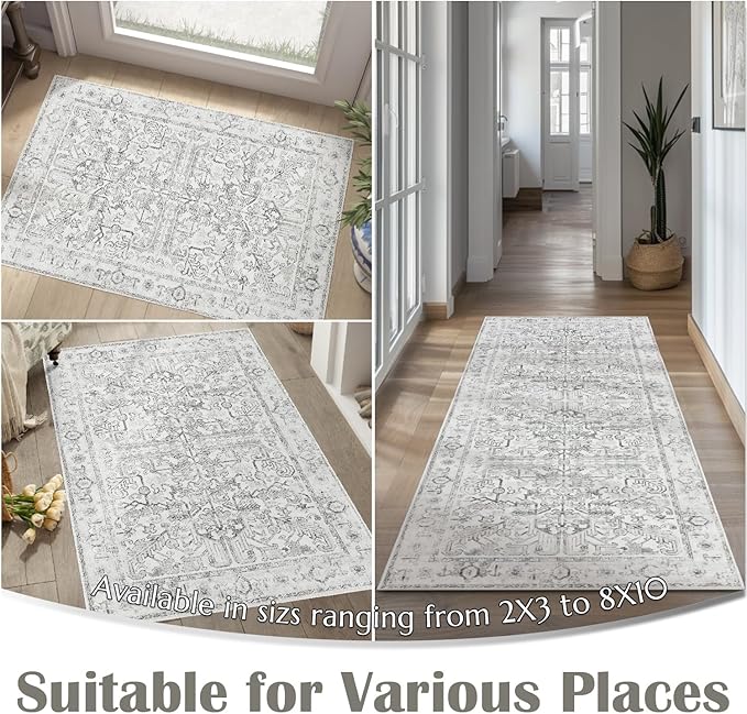 jinchan Lima Kitchen Runner Rug 3x8-2pcs, Bohemian Hallway Washable Rug Floral Non Slip with Rubber Backing Vintage Carpet Runner for Bedroom Bathroom Laundry Room Living Room Decor Grey
