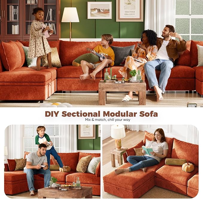 ABCASA 102.6" Modular Sectional Sofa, L Shaped Couch Set for Living Room, 3-Seater Comfy Cloud Couches with Movable Storage Ottoman,DIY Combination - Chenille Terracotta Orange