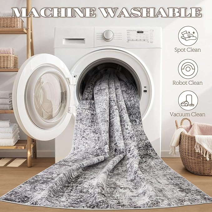 Square Area Rug Living Room Rugs - 6x6 Washable Large Soft Indoor Neutral Modern Abstract Low Pile Rug Carpet for Bedroom Dining Room Farmhouse Home Office - Grey