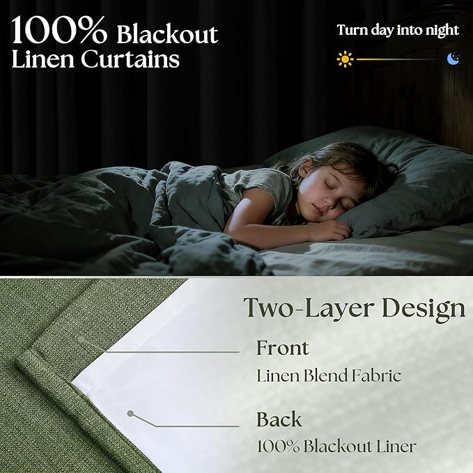 Extra Long Blackout Pleated 108 Inch Curtains Floor Ceiling 2 Panels Set for Living Room Memory Trained Pinch Pleat 100% Black Out Dual Layer Olive Green Soundproof Thermal Insulated Linen Curtains